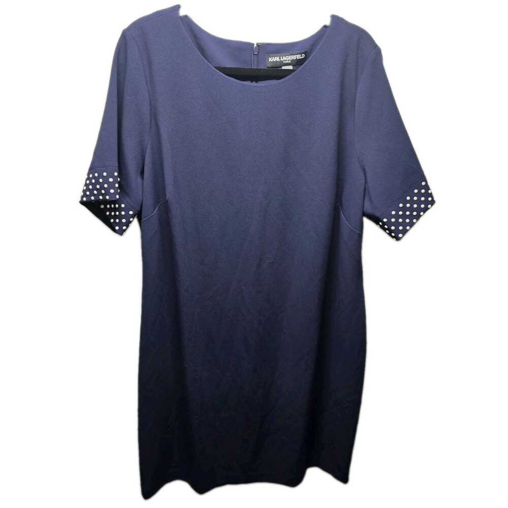 Karl Lagerfeld Athena Shift Dress size 20W Blue Short Sleeve White Studs